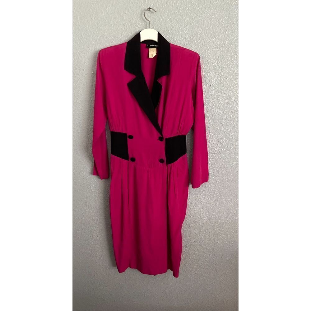 Vintage Lane dress, hot /fuchsia pink black trim, cute button front Rayon/Acetat